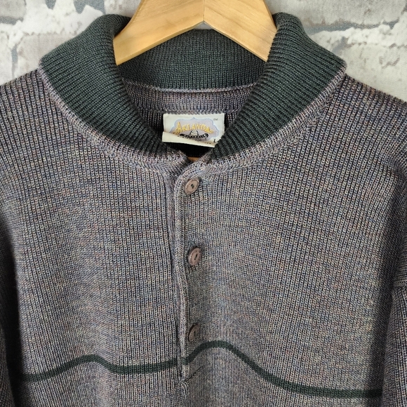 Aklanda Australia Wool Shawl Collar Sweater 1/4 Button Marled Stripe Size Large - Picture 3 of 11